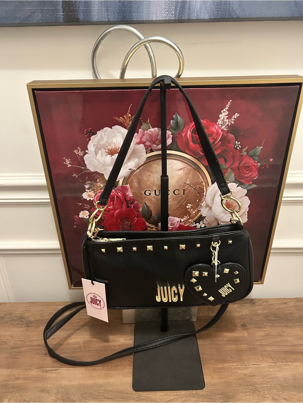 Juicy Couture Black Studded Shoulder Bag with Heart Charm and Crossbody Strap